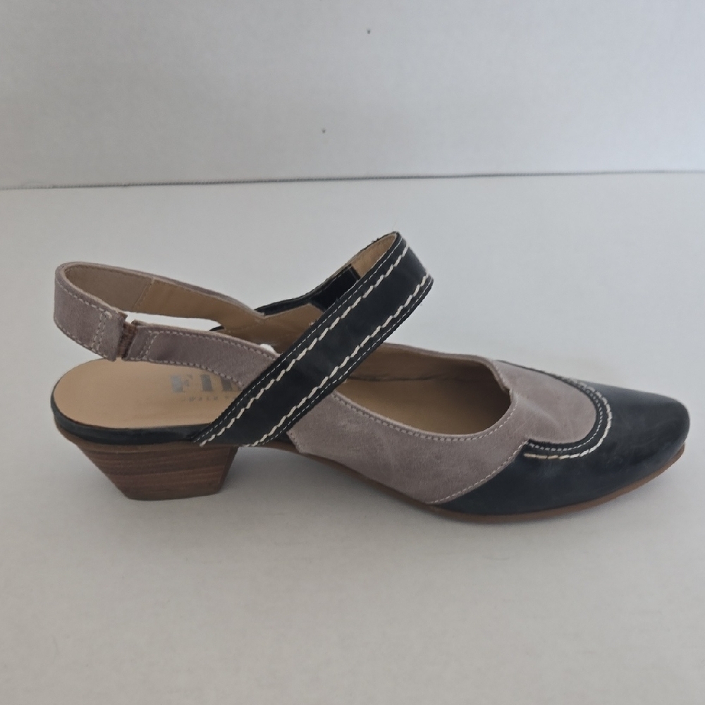 Fidji Black Gray Leather Suede Mary Jane Slingback Heels - Picture 3 of 6